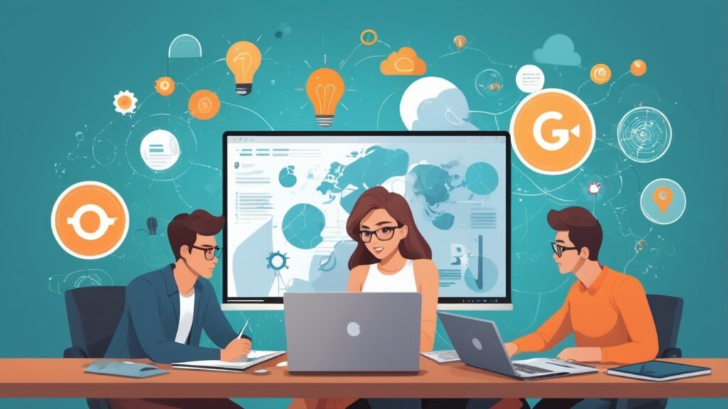 команда, обсуждающая стратегии SEO и веб-разработки за ноутбуком