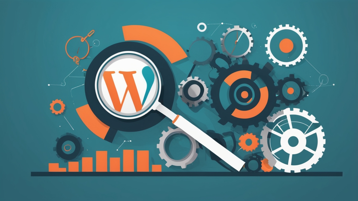 логотип WordPress, интегрированный с SEO-элементами, такими как лупа, шестеренка и стрелка с графиком