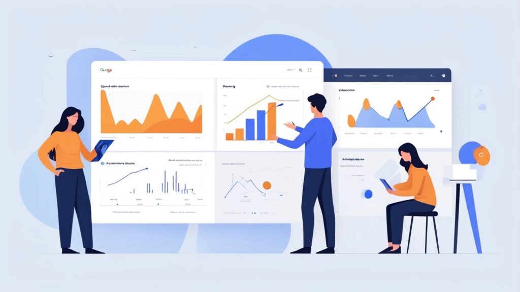 Пошаговая иллюстрация настройки нового аккаунта Google Analytics в минималистичном стиле пользовательского интерфейса.