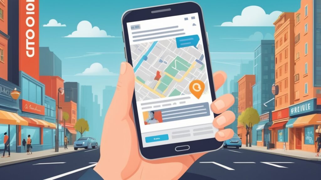 Иллюстрация смартфона, на котором отображается контекстная реклама, соответствующая местоположению пользователя.