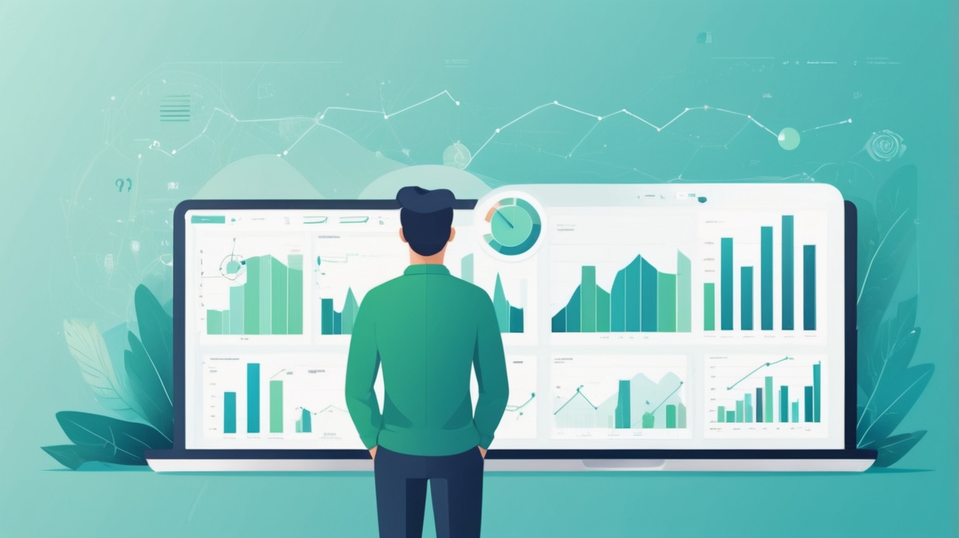 Минималистичная плоская иллюстрация человека, анализирующего SEO-данные сайта с помощью графиков и диаграмм на экране, выполненная в мягких синих и зеленых тонах.